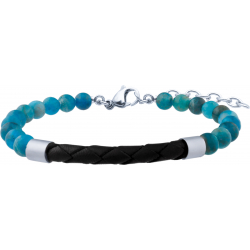 Bracelet acier - cuir noir italien tressé - apatite - 19+4cm