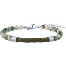 Bracelet acier - cuir vert italien tresse - jaspe verte - 19+4cm