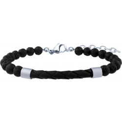 Bracelet acier - cuir noir italien tressé - pierre de lave - 19+4cm