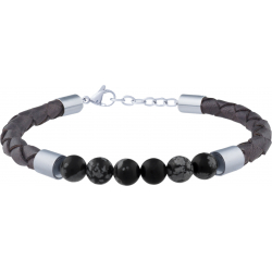 Bracelet acier - cuir gris italien tressé - obsidienne neige - 19+4cm