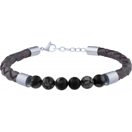 Bracelet acier - cuir gris italien tressé - obsidienne neige - 19+4cm