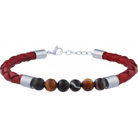 Bracelet acier - cuir rouge italien tressé - agate marron - 19+4cm