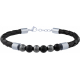 Bracelet acier - cuir noir italien tressé - onyx et hématite - 19+4cm