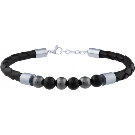 Bracelet acier - cuir noir italien tressé - onyx et hématite - 19+4cm