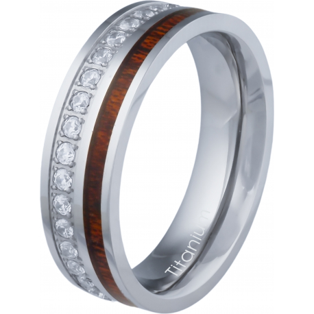 Bague en titane - 6mm - zircons - bois incrusté - T50 à 64