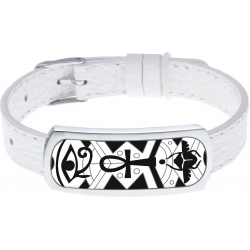 Bracelet acier - émail - nacre - cuir blanc - largeur 1cm