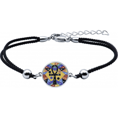 Bracelet acier - nacre - émail - 15mm - coton noir - 16+4cm