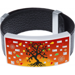 Bracelet acier - émail - nacre - arbre de vie - cuir noir - largeur 2cm