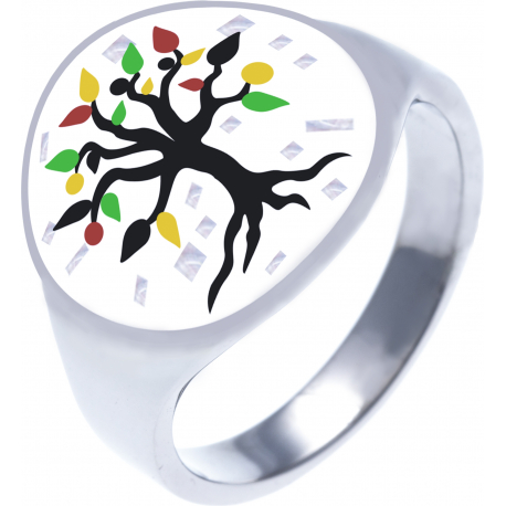 Bague en acier - nacre - émail - arbre de vie - 17mm - T52 à T64