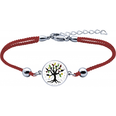 Bracelet acier - nacre - émail - arbre de vie - 17mm - coton rouge - 16+4cm