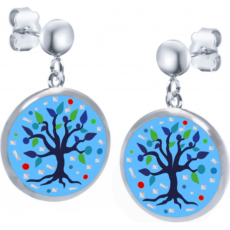 Boucles d'oreille acier - nacre - émail - arbre de vie - 14mm