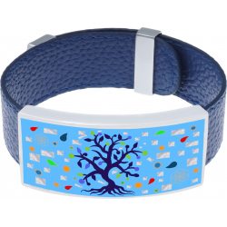 Bracelet acier - émail - nacre - arbre de vie - cuir bleu - largeur 2cm