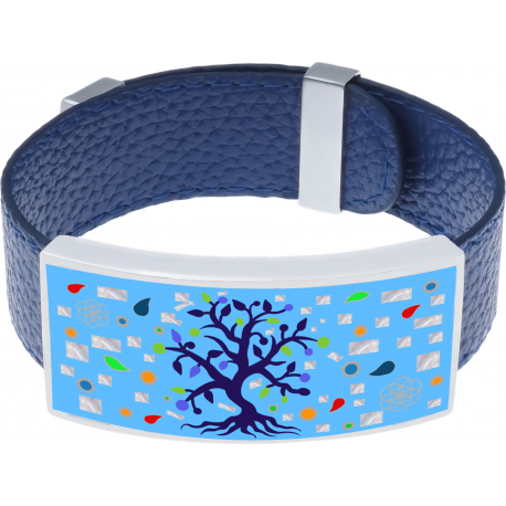 Bracelet acier - émail - nacre - arbre de vie - cuir bleu - largeur 2cm