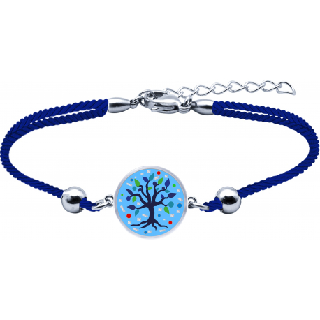 Bracelet acier - nacre - émail - arbre de vie - 17mm - coton bleu - 16+4cm