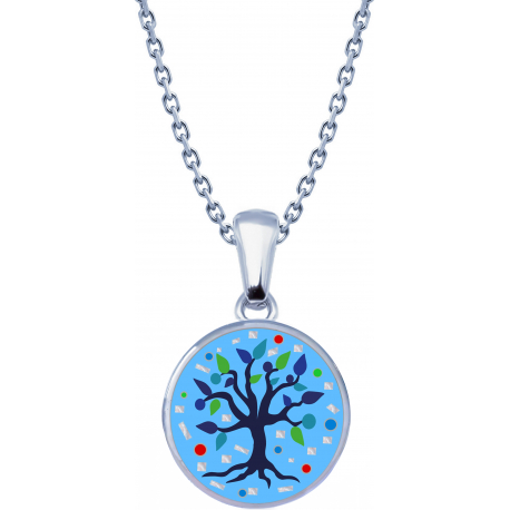 Collier en acier - nacre - émail - petit volume - arbre de vie - 17mm - longueur 38+5cm