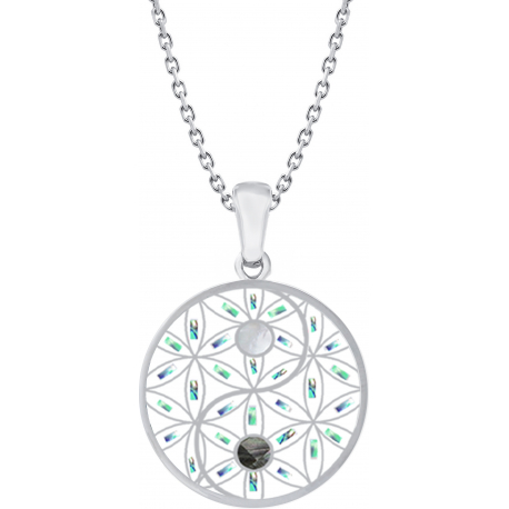 Collier acier - yin yang et fleur de vie - nacre - nacre abalone - émail - 30mm - 45+10cm
