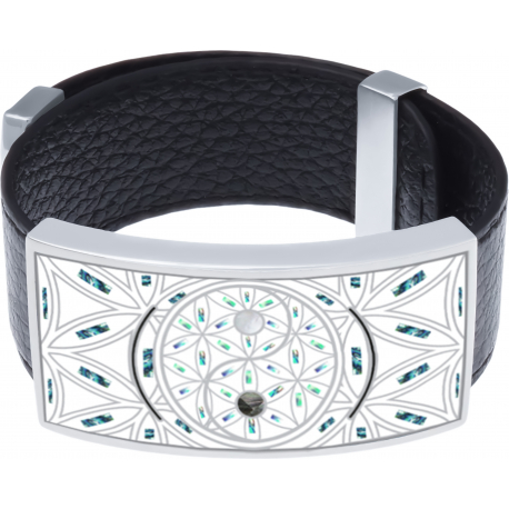 Bracelet acier - yin yang et fleur de vie - nacre - nacre abalone - émail - cuir noir - 2cm
