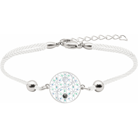 Bracelet acier - yin yang et fleur de vie - nacre - nacre abalone - émail - coton blanc - 16mm - 16+4cm