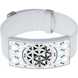 Bracelet acier - yin yang et fleur de vie - nacre - nacre abalone - émail - cuir blanc - 2cm