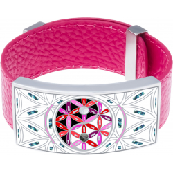 Bracelet acier - yin yang et fleur de vie - nacre - nacre abalone - émail - cuir rose - 2cm