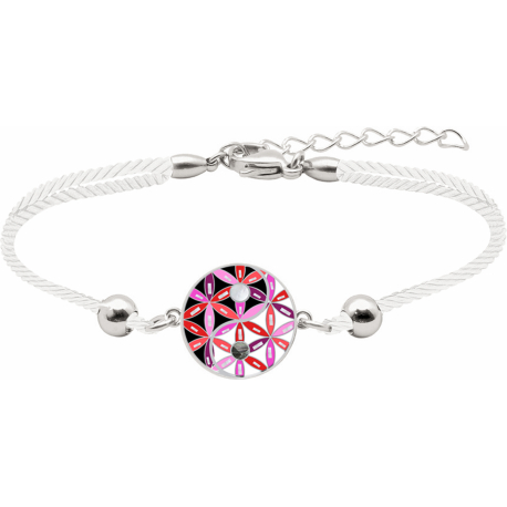 Bracelet acier - yin yang et fleur de vie - nacre - nacre abalone - émail - coton blanc - 16mm - 16+4cm