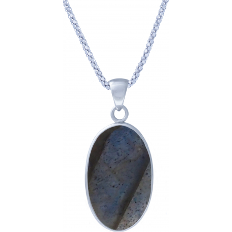 Collier argent rhodié - 8g - labradorite - oval 25x15mm - 60+5cm