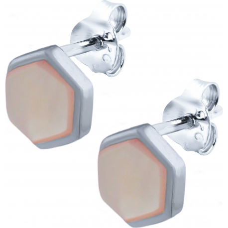 Boucles d'oreille en argent rhodié - héxagone - nacre rosé - 6x7mm - 1,3g