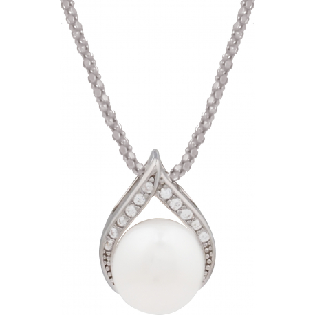 Collier argent rhodié 4,8g - perle blanche véritable - zircons - 45cm