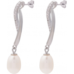 Boucles d'oreille argent rhodié 3,1g - perle blanche véritable - zircons