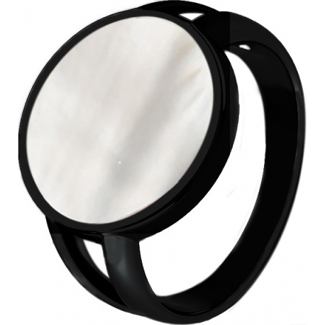 Bague acier - noir - nacre blanche - diamètre 15mm - T50 à 64