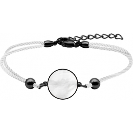 Bracelet acier - noir - coton blanc - nacre - diamètre 15mm - 15+5cm
