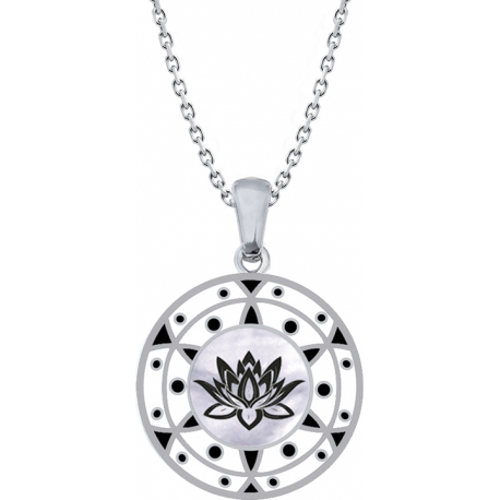 Collier acier - fleur de lotus - noir et blanc - email et nacre - diamètre 25mm - 45+5cm