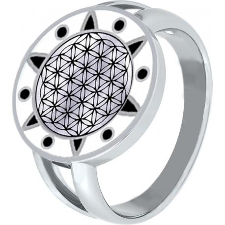 Bague acier - fleur de vie - noir et blanc - diamètre 15mm - T50 à 64