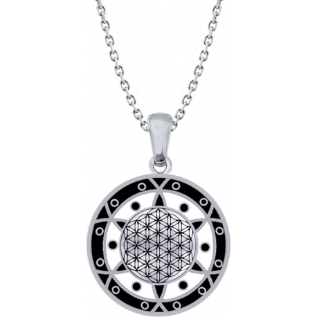 Collier acier - fleur de vie - noir et blanc - email et nacre - diamètre 25mm - 45+5cm