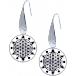 Boucles d'oreille acier - fleur de vie - noir et blanc - email et nacre - diamètre 18mm