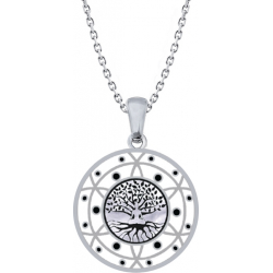 Collier acier - arbre de vie - bouddha - noir et blanc - email et nacre - diamètre 25mm - 45+5cm