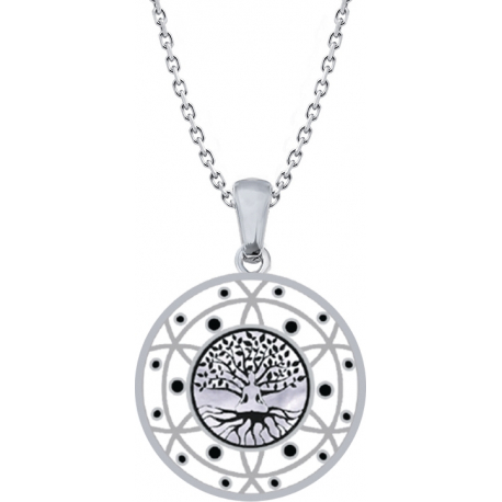 Collier acier - arbre de vie - bouddha - noir et blanc - email et nacre - diamètre 25mm - 45+5cm