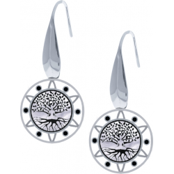 Boucles d'oreille acier - arbre de vie - bouddha - noir et blanc - email et nacre - diamètre 18mm