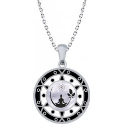 Collier acier - bouddha - noir et blanc - email et nacre - diamètre 25mm - 45+5cm