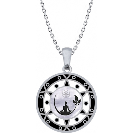 Collier acier - bouddha - noir et blanc - email et nacre - diamètre 25mm - 45+5cm