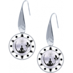 Boucles d'oreille acier - bouddha - noir et blanc - email et nacre - diamètre 18mm