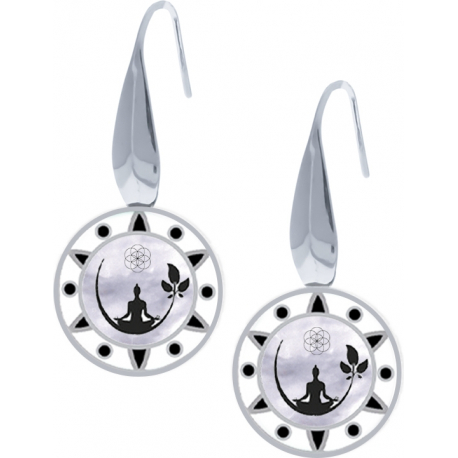 Boucles d'oreille acier - bouddha - noir et blanc - email et nacre - diamètre 18mm