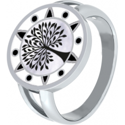 Bague acier - arbre de vie - noir et blanc - email et nacre - diamètre 15mm - T50 à 64