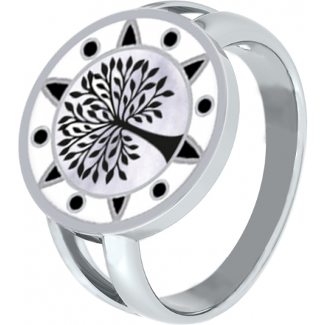 Bague acier - arbre de vie - noir et blanc - email et nacre - diamètre 15mm - T50 à 64