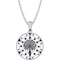 Collier acier - arbre de vie - noir et blanc - email et nacre - diamètre 25mm - 45+5cm