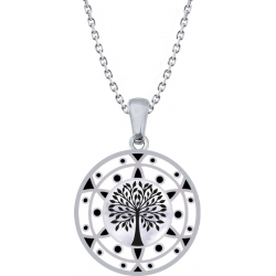 Collier acier - arbre de vie - noir et blanc - email et nacre - diamètre 25mm - 45+5cm