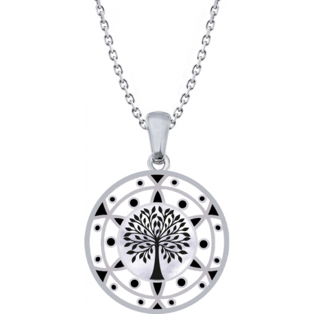 Collier acier - arbre de vie - noir et blanc - email et nacre - diamètre 25mm - 45+5cm