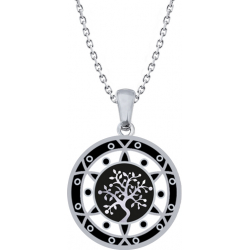 Collier acier - arbre de vie - noir et blanc - email et nacre - diamètre 25mm - 45+5cm