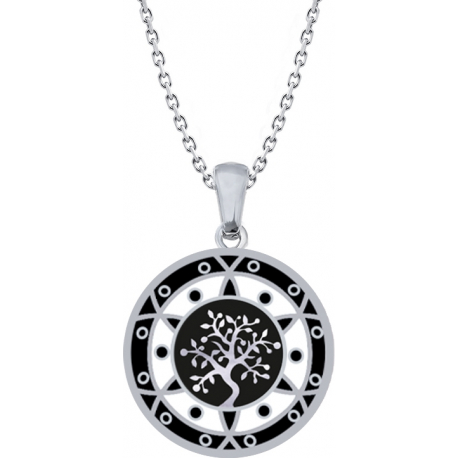 Collier acier - arbre de vie - noir et blanc - email et nacre - diamètre 25mm - 45+5cm