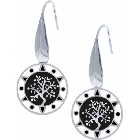 Boucles d'oreille acier - arbre de vie - noir et blanc - email et nacre - diamètre 18mm